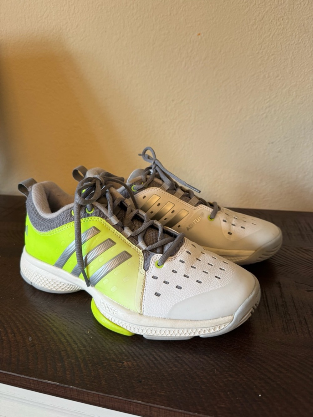 Adidas AdiTuff Bounce Tennis Shoes Womens‎ 7 White Neon Yellow Gray Sneakers